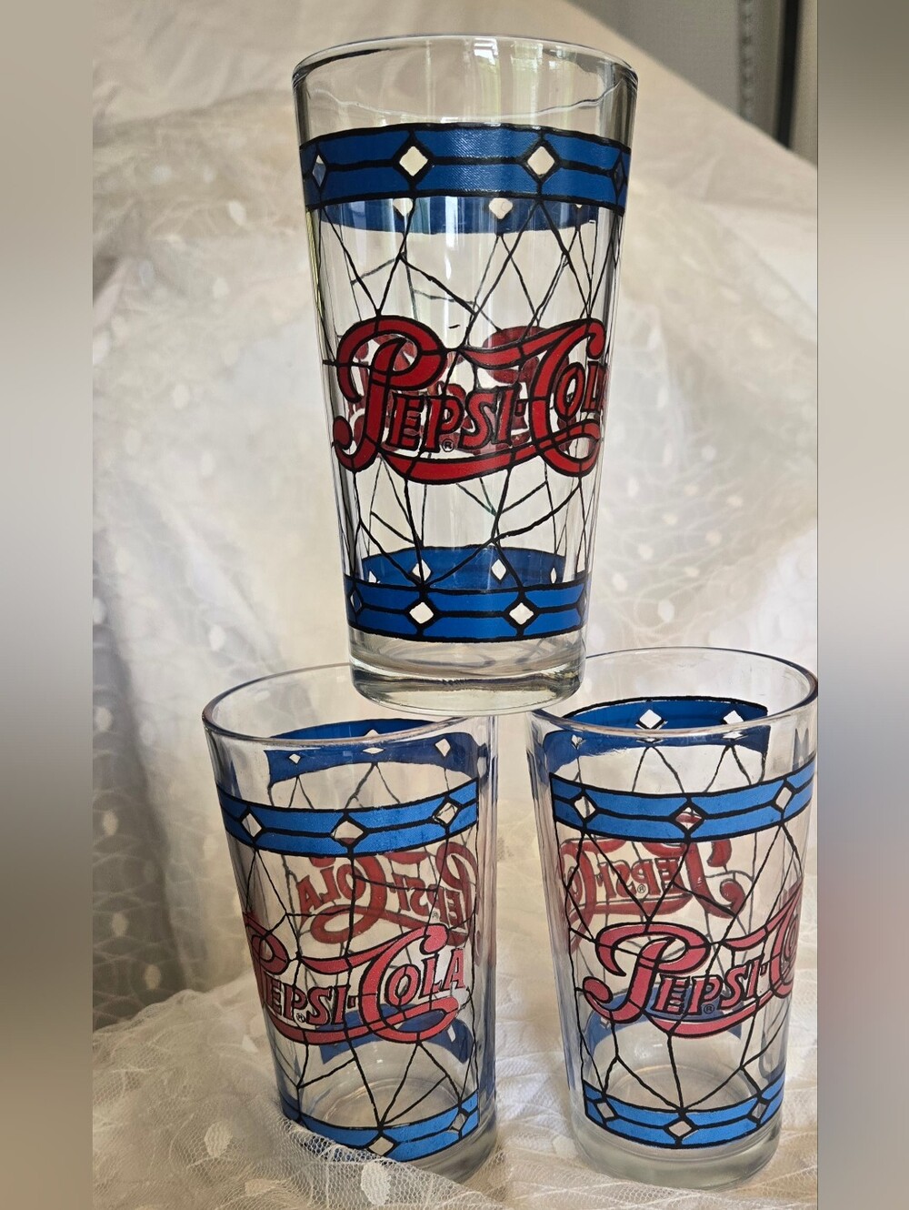 Vintage Pepsi Cola Drinking TIFFANY Glasses-Stained Glass Style 1970's  ( 3 )